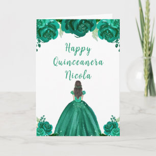 Brown Hair Princess Green Floral Quinceanera Karte