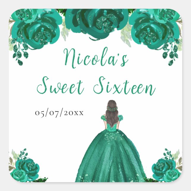 Brown Hair Princess Green Floral Sweet Sixteen  Quadratischer Aufkleber (Vorderseite)