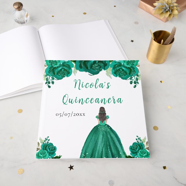 Brown Hair Princess Green Quinceanera Guest Book Gästebuch (Vorderseite offen)