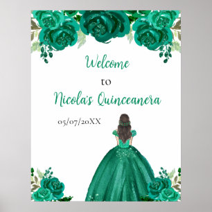 Brown Hair Princess Green Quinceanera Willkommen Poster