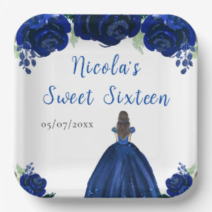 Brown Hair Princess Navy Floral 16 . Geburtstag Pappteller