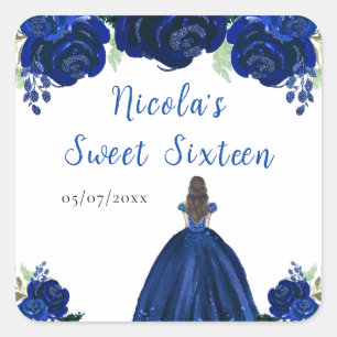 Brown Hair Princess Navy Floral 16 . Geburtstag Quadratischer Aufkleber