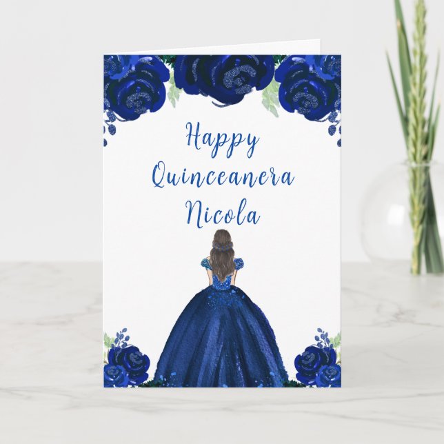 Brown Hair Princess Navy Floral Quinceanera Karte (Vorderseite)