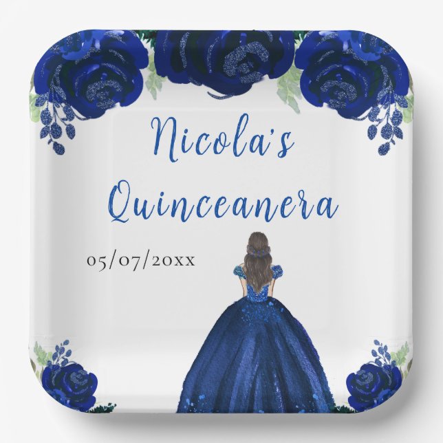 Brown Hair Princess Navy Floral Quinceanera Pappteller (Vorderseite)