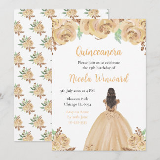 Brown Hair Princess Peach Floral Quinceanera Einladung