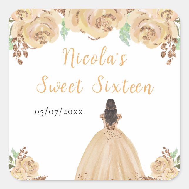 Brown Hair Princess Peach Floral Sweet Sixteen  Quadratischer Aufkleber (Vorderseite)