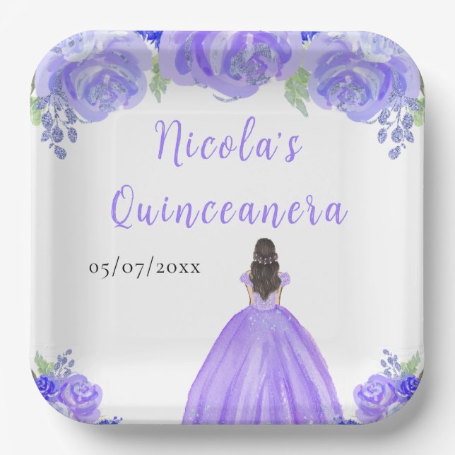 Brown Hair Princess Purple Floral Quinceanera Pappteller (Vorderseite)