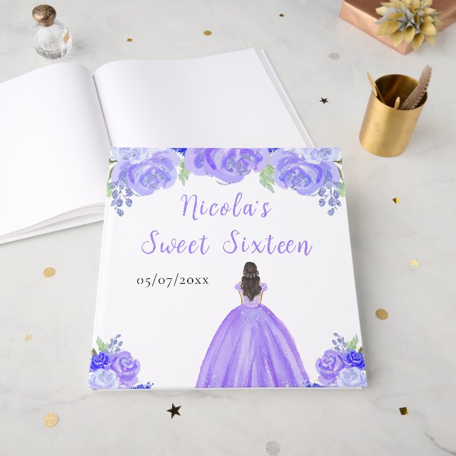 Brown Hair Princess Purple Sweet 16 Guest Book Gästebuch (Vorderseite offen)