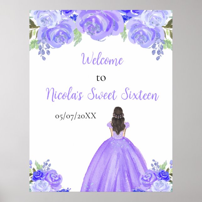 Brown Hair Princess Purple Sweet Sixteen Welcome Poster (Vorne)