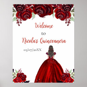 Brown Hair Princess Red Floral Quinceanera Willkom Poster