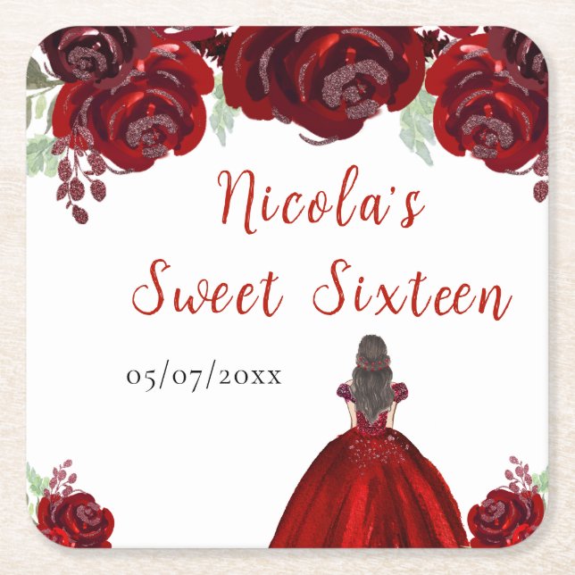 Brown Hair Princess Red Floral Sweet Sixteen  Rechteckiger Pappuntersetzer (Vorderseite)