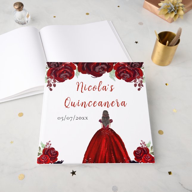 Brown Hair Princess Red Quinceanera Guest Book Gästebuch (Vorderseite offen)