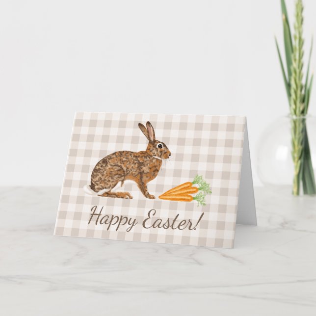 Brown Hare And Carrots Beige Gingham Happy Easter Karte (Vorderseite)