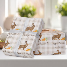 Brown Hare And Carrots Happy Easter Beige Gingham Geschenkpapier
