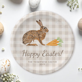Brown Hare And Carrots Happy Easter Beige Gingham Pappteller