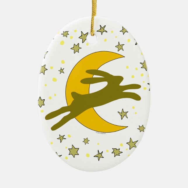 Brown Hare and Crescent Moon in the Starry Sky Keramik Ornament (Vorne)