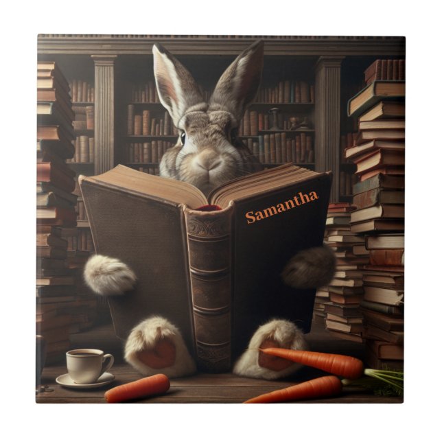 Brown Hare liest in der Bibliothek. Bearbeitbarer  Fliese (Vorderseite)