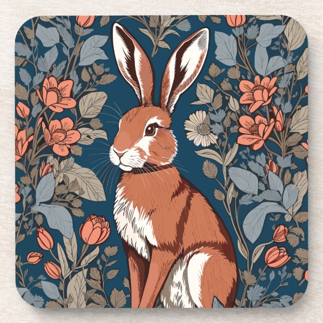Brown Hare William Morris Inspirierte Floral Getränkeuntersetzer (Vorderseite)