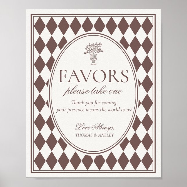 Brown Harlequin Checkered Wedding Favors Sign Poster (Vorne)