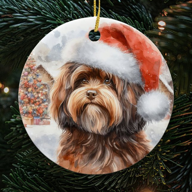Brown Havanese Hund mit Weihnachtsmannmütze Weihna Keramik Ornament (Von Creator hochgeladen)