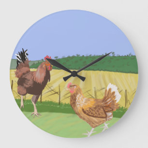 Brown Hen and Rooster in the Countryside Große Wanduhr