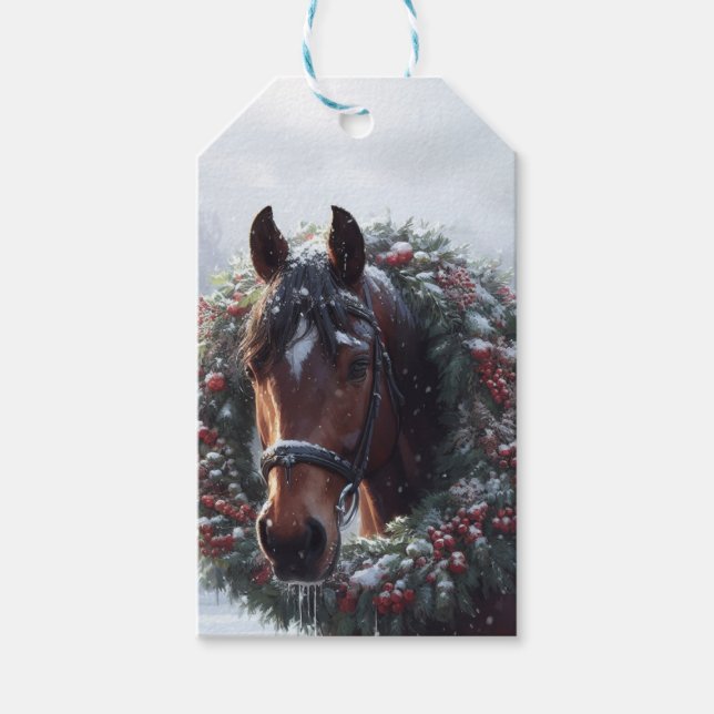 Brown Horse Christmas Kranz Schneeweide Geschenkanhänger (Vorderseite)