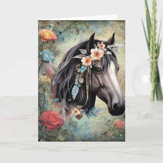 Brown horse in flowers.