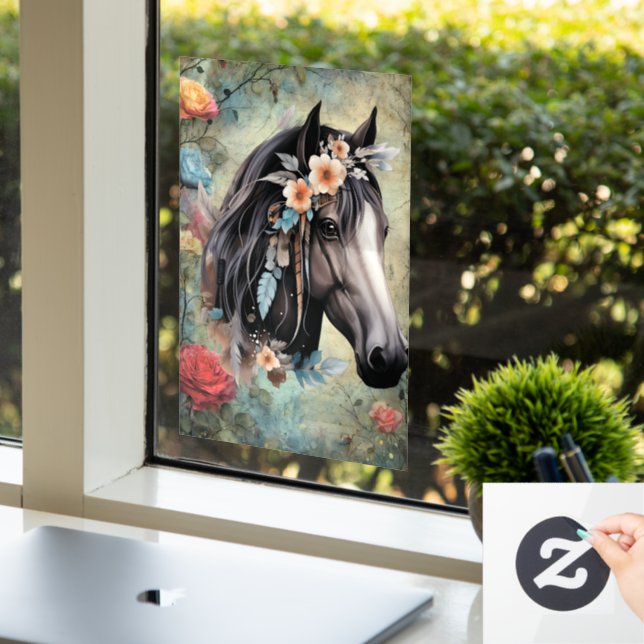  Brown horse in flowers. Fensteraufkleber (Büro)