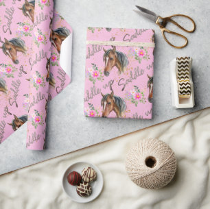 Brown Horse Pink Birthday Girl Cowgirl Geschenkpapier