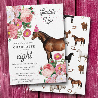 Brown Horse Pink Floral Girl Cowgirl Birthday Einladung