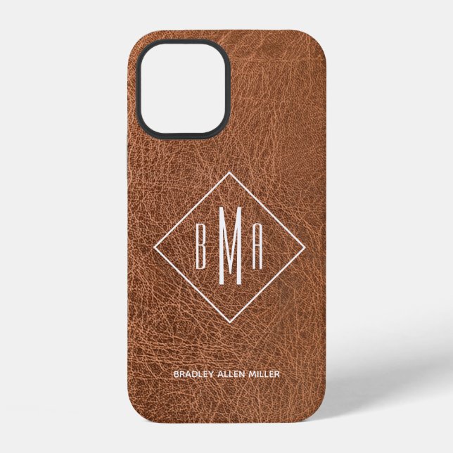 Brown Imitats Leather Mit Monogramm iPhone Hülle (Rückseite)