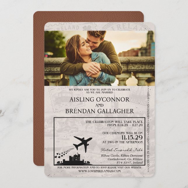 Brown Ireland Passport Wedding Einladung (Vorne/Hinten)