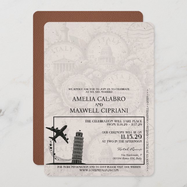 Brown Italy Passport Wedding Einladung (Vorne/Hinten)
