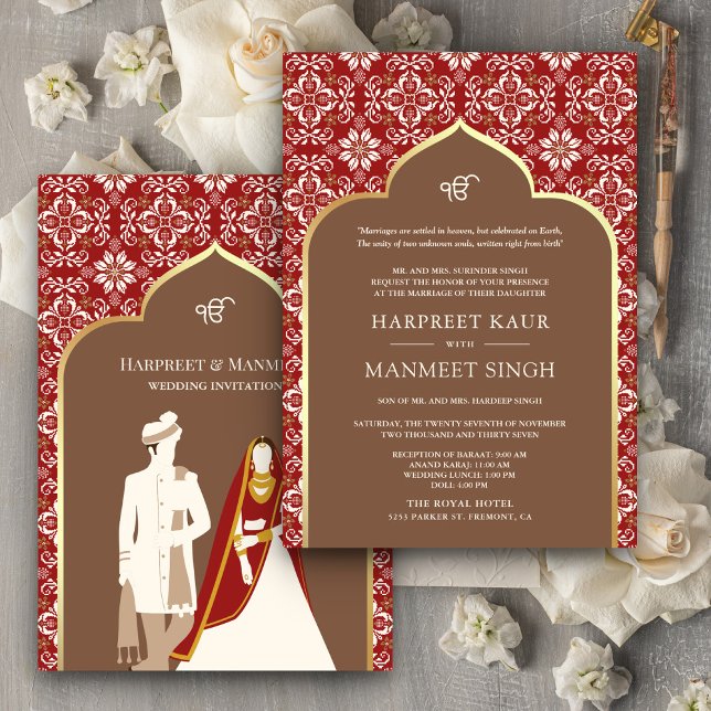 Brown Ivory Red Pattern Anand Karaj Sikh Wedding Einladung (Von Creator hochgeladen)