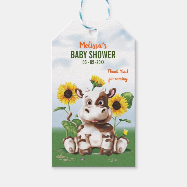Brown Jersey Cow Sunflower Baby Dusche Geschenkanhänger (Vorderseite)