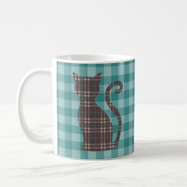 Brown Kariert Cat on Green Gingham Kaffeetasse (Links)