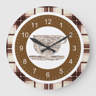 Brown Kariert Text Coffee Cup Große Wanduhr