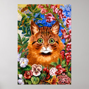 Brown-Katze unter dem Blumen-Plakat-Druck Poster