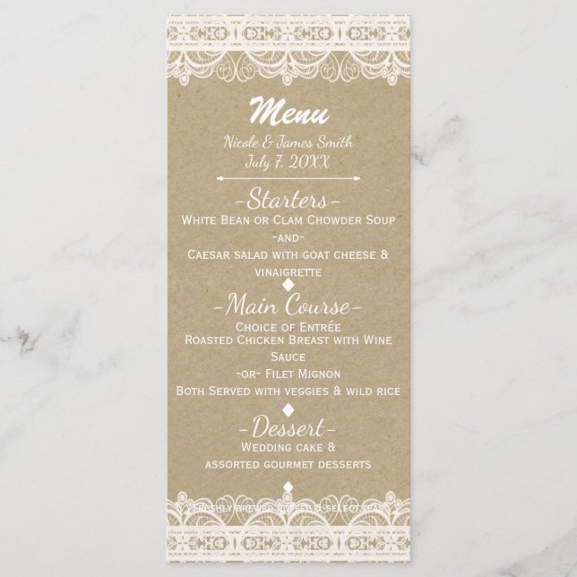 Brown Kraft Paper & Rustic White Lace Menu Menükarte (Vorderseite)