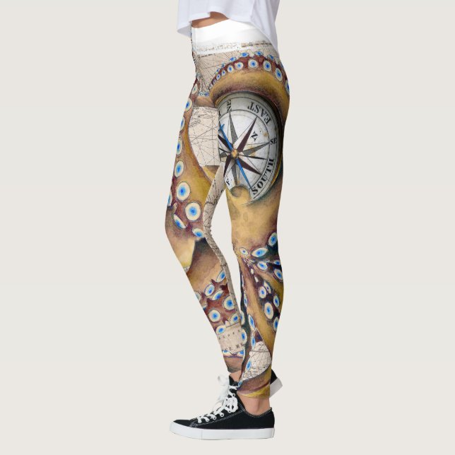 Brown-Kraken-Vintager Karten-Kompass Leggings (Links)