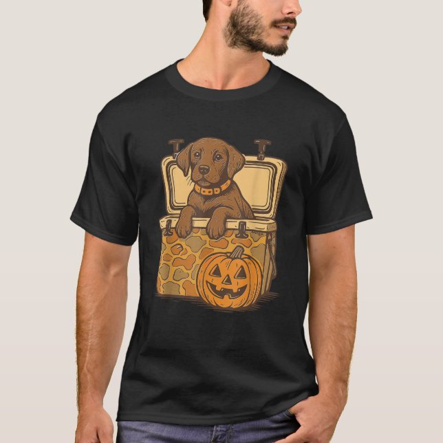 Brown Lab Dog in Camo Cooler Pumpkin Halloween Fal T-Shirt (Vorderseite)
