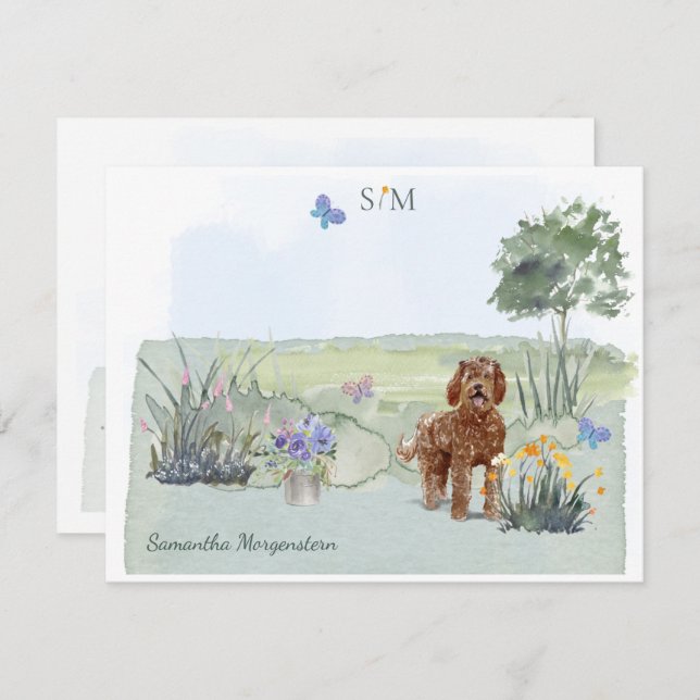 Brown Labradoodle Dog Butterfly Monogramm und Name Mitteilungskarte (Vorne/Hinten)