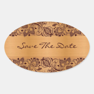 Brown Lace Blond Wood Grain Save the Date Ovaler Aufkleber