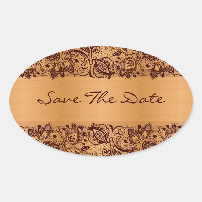 Brown Lace Blond Wood Grain Save the Date Ovaler Aufkleber (Vorderseite)