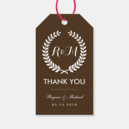 Brown Laurel Wreath Monogram Wedding Gift Tag Geschenkanhänger
