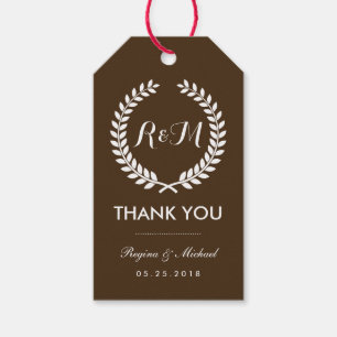 Brown Laurel Wreath Monogram Wedding Gift Tag Geschenkanhänger