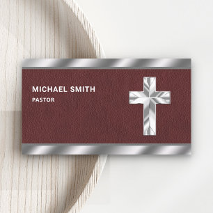 Brown Leather Metallic Jesus Christ Cross Pastor Visitenkarte