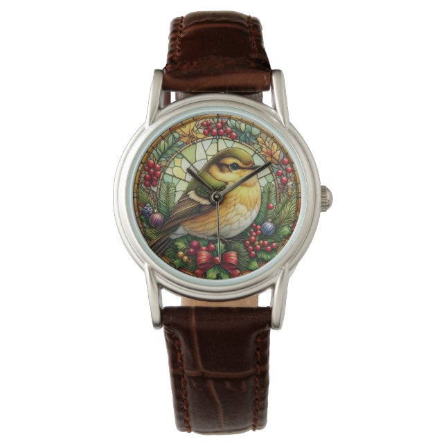 Brown Leather Weihnachtsgesteinigter Glass Bird Armbanduhr (Vorderseite)