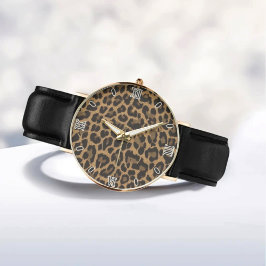 Brown Leopard Print Minimalist Analog Roman Numera Armbanduhr