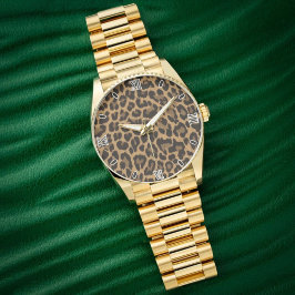 Brown Leopard Print Minimalist Analog Roman Numera Armbanduhr